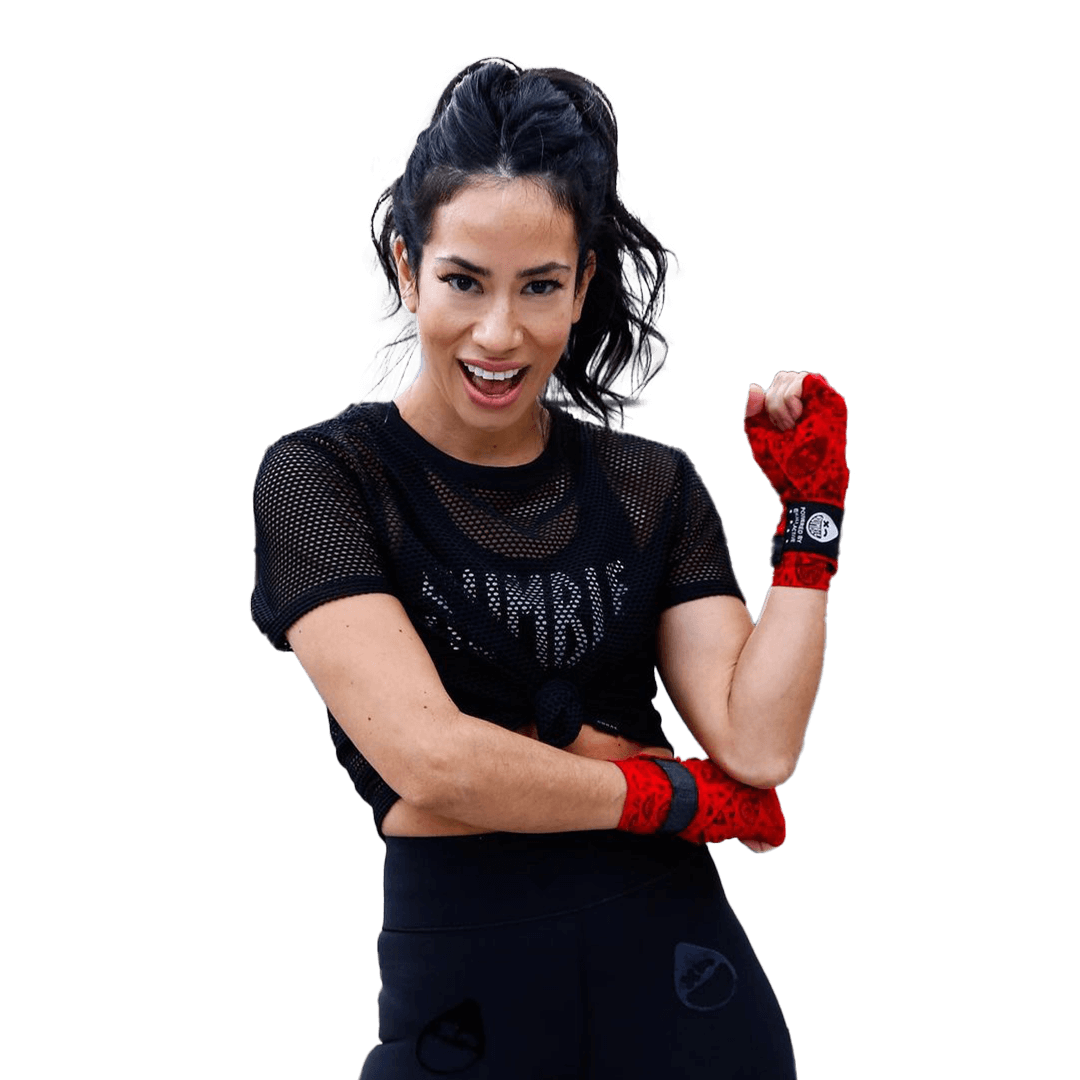 Rumble Boxing Trainer Mona wearing Red WINK Wraps